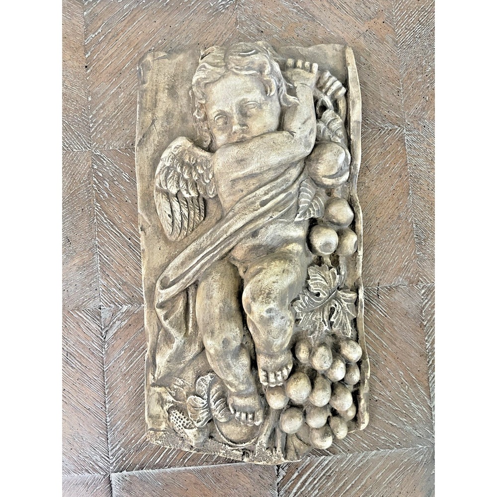 Vtg Hen-Feathers Cherub Angel Fruit Wall Plaque Relief Resin 7x12"